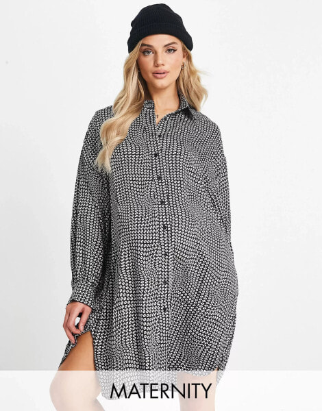 Glamorous Maternity relaxed oversized shirt dress in monochrome geo print