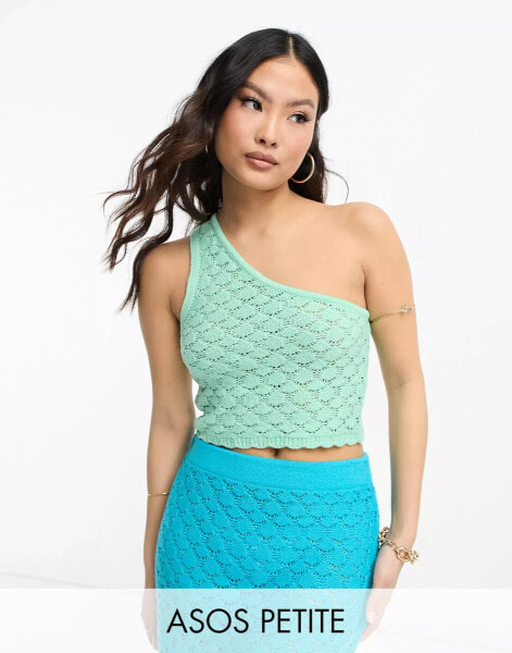 ASOS DESIGN Petite crochet one shoulder top in wave stitch in turquoise co-ord