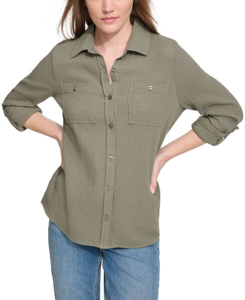 Petite Cotton Button-Front Roll-Sleeve Shirt