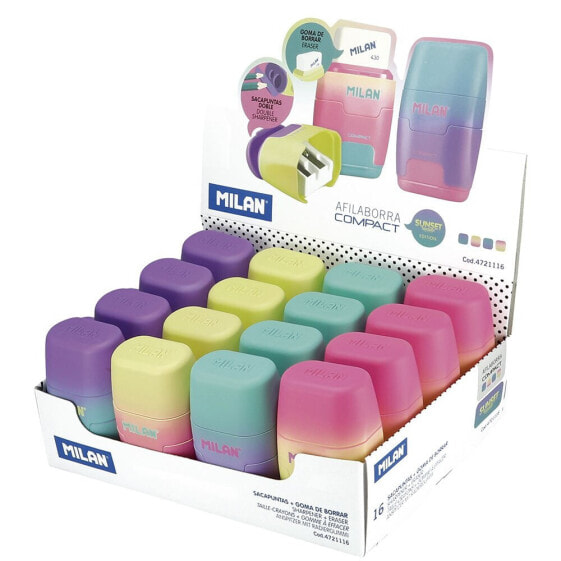 MILAN Display Box 16 Erasers With Pencil Sharpener Compact Sunset