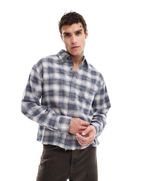 Abercrombie & Fitch cropped check slub flannel shirt in mid blue