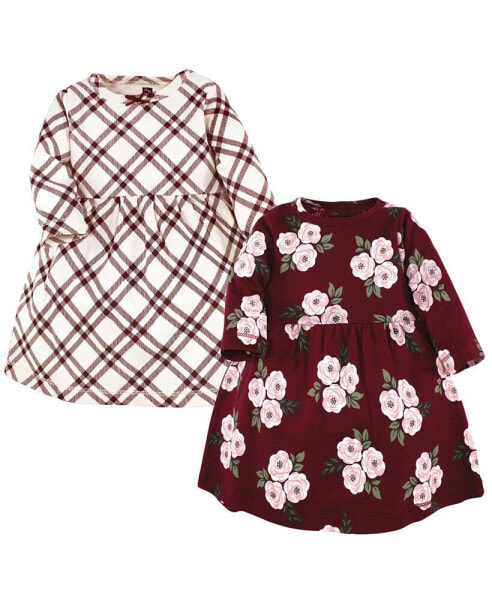 Toddler Girls Cotton Dresses, Red Burgundy Floral