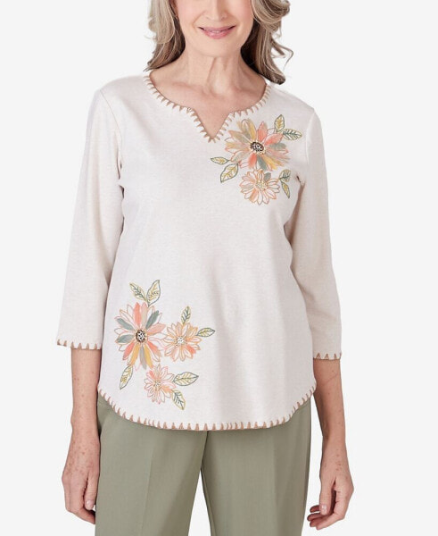 Women's Tuscan Sunset Embroidered Flower Round Neck Top
