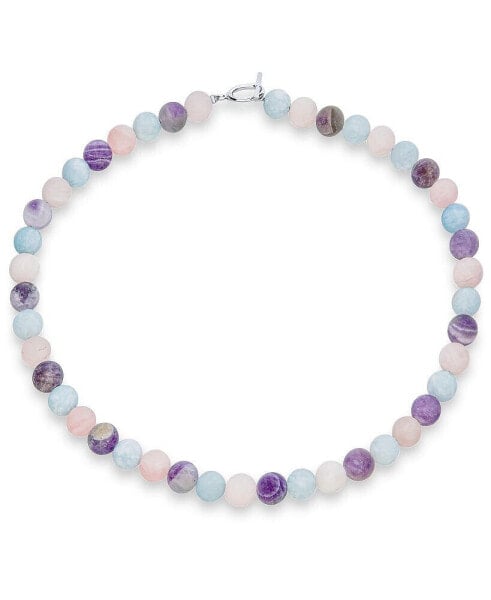 Plain Simple Western Jewelry Mixed Amethyst Aquamarine and Rose Quartz Matte Round 10MM Bead Strand Necklace For Women Silver Plated Clasp 20 Inch