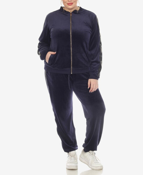 Plus Size Faux Leather Stripe Velour 2 Piece Tracksuit Set