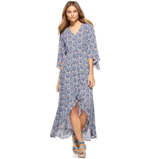 Scoop Women’s Fan Mosaic Butterfly sleeves High-low Hem V-Neck Maxi Dress Size S