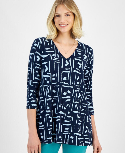 Petite Geo-Print 3/4-Sleeve Swing Blouse, Created for Macy's