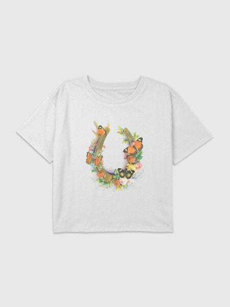 Kids Horseshoe Floral Graphic Boxy Crop Tee