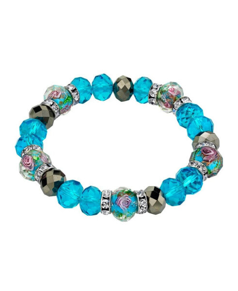 Silver Tone Aqua Pink Flower Crystal Stretch Beaded Bracelet