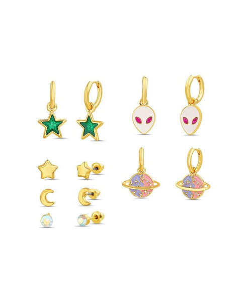 6 Piece Crescent Moon, Star, Alien and Planet Stud and Drop Earring Set