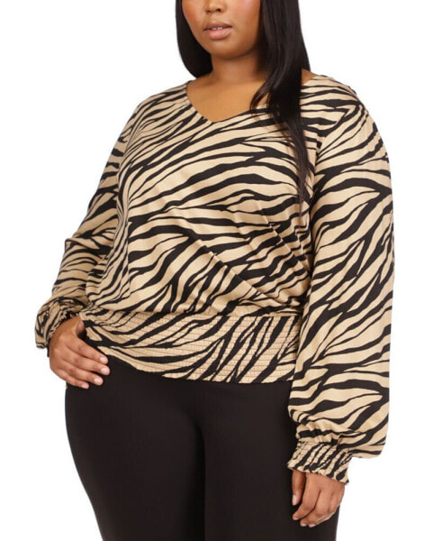 Plus Size Tiger-Print Smocked-Waist Top