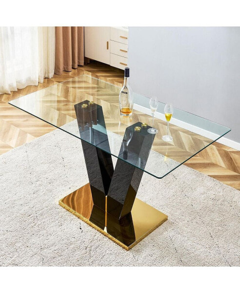 Large Modern Minimalist Rectangular Glass Dining Table for 6-8 with 0.39" Tempered Glass Tabletop and MDF slab V-Shaped Bracket, For Kitchen Dining Living Meeting Room Banquet Hall