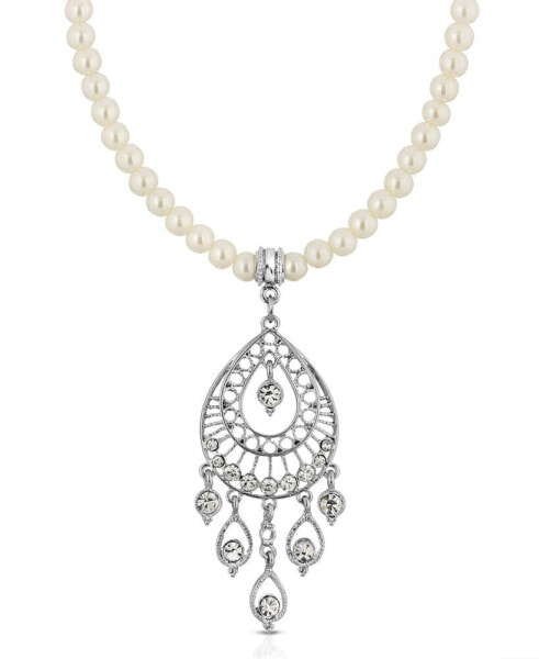 Silver-Tone Crystal Filigree Drop On Imitation Pearl Necklace