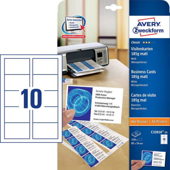Avery Zweckform C32010-25 - Laser/Inkjet - Cardboard - White - Matte - 185 g/m² - 250 sheets
