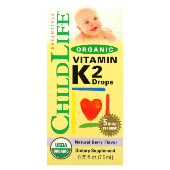ChildLife Essentials, органический витамин K2 в каплях, натуральный ягодный вкус, 5 мкг, 7,5 мл (0,25 жидк. унции)