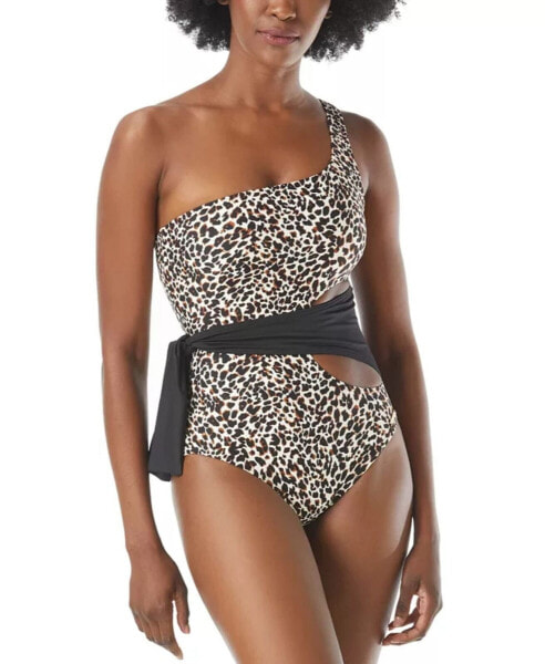 Vince Camuto Women's Tanzania Cheetah One Shoulder One Piece Swimsuit, Black, 8