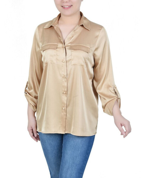 Petite 3/4 Sleeve Roll Tab Satin Blouse