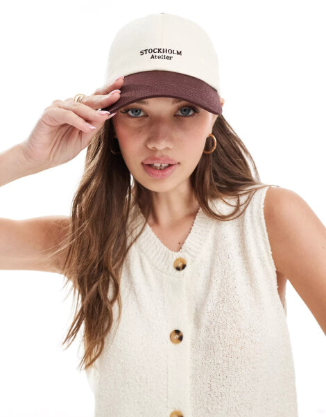 & Other Stories embroidered logo cap in brown and beige