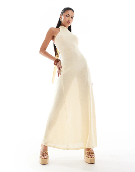 ASOS DESIGN halter godet maxi dress with tie back in buttermilk knit