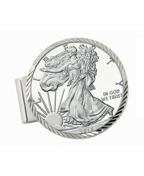 Men's Sterling Silver Diamond Cut Coin Money Clip with Proof American Silver Eagle Dollar