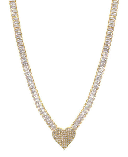 17.5" Baguette Tennis Necklace 14K Gold Plated with Pave Heart Pendant