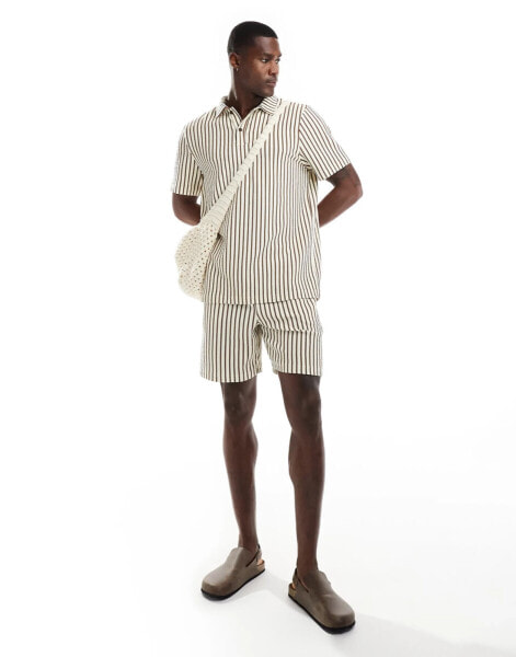 South Beach towelling stripe beach short co-ord in beige