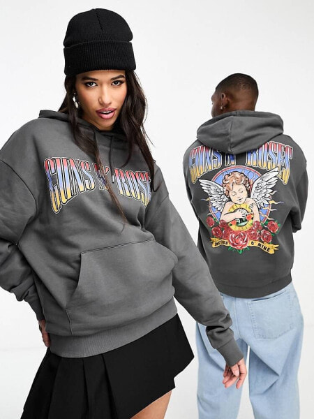 ASOS DESIGN unisex oversized license hoodie in charcoal with Guns N' Roses graphics