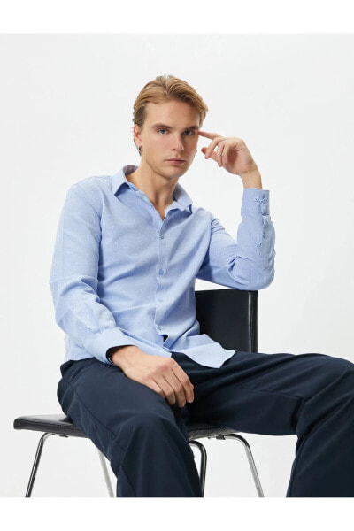 Klasik Gömlek Slim Fit Yarım İtalyan Yaka Düğmeli Uzun Kollu