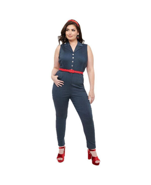 Plus Size Short Sleeve Belted Skinny Jumpsuit