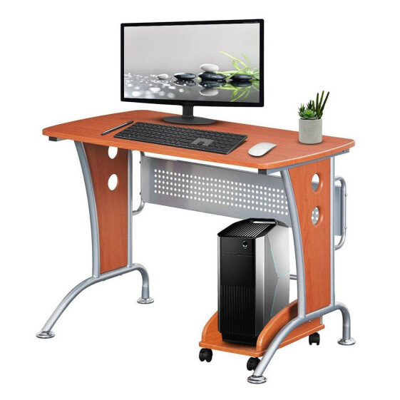 Modern Computer Desk With Mobile CPU Caddy, Dark Honey