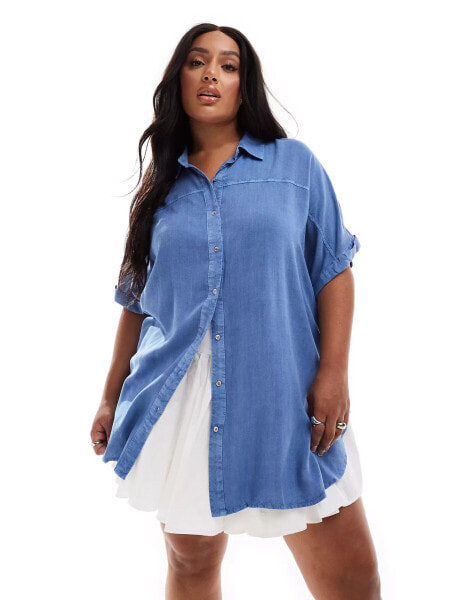 Yours chambray short sleeve shirt in blue