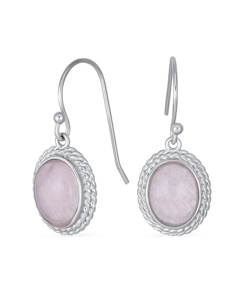 Western Style Pink Quartz Milgrain Cable Edge Oval Gemstone Drop Earrings For Women .925 Sterling Silver Wire Fish Hook