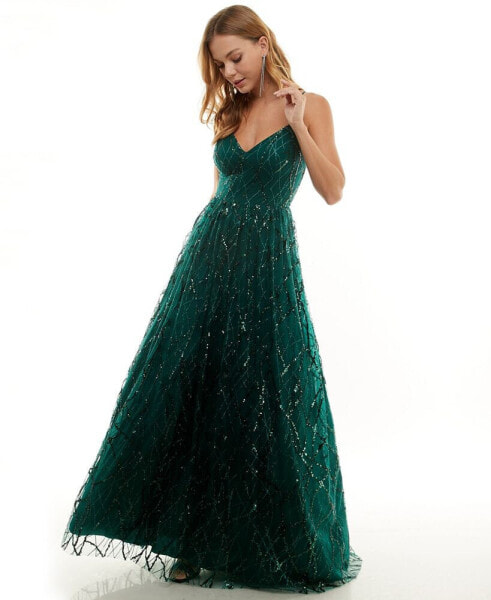 Juniors' Glitter-Tulle Lace-Up V-Neck Gown, Created for Macy's