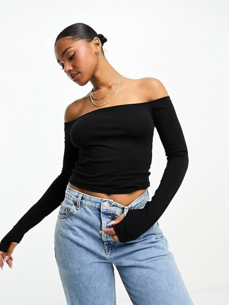 Monki off the shoulder long sleeve top in black