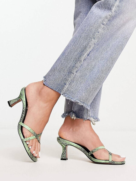 ASOS DESIGN Hania minimal mid heeled mules in green snake