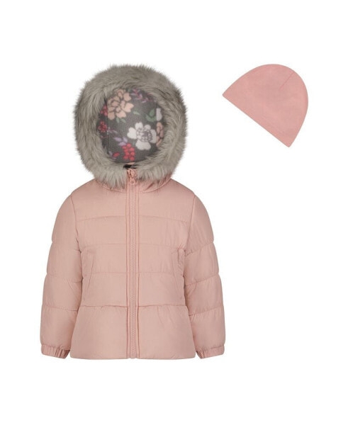 Little Girls Solid with Faux Fur Trim Jacket and Fleece Beanie Set