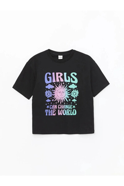 LCW Kids Bisiklet Yaka Baskılı Kısa Kollu Kız Çocuk Tişört