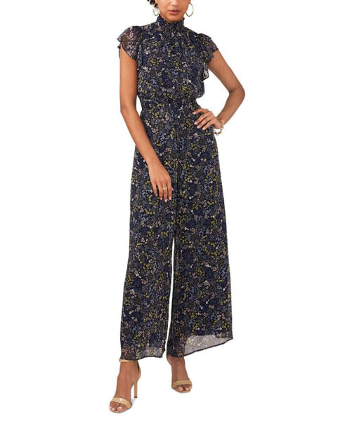 Women's Floral-Print Flutter-Sleeve Smocked Jumpsuit