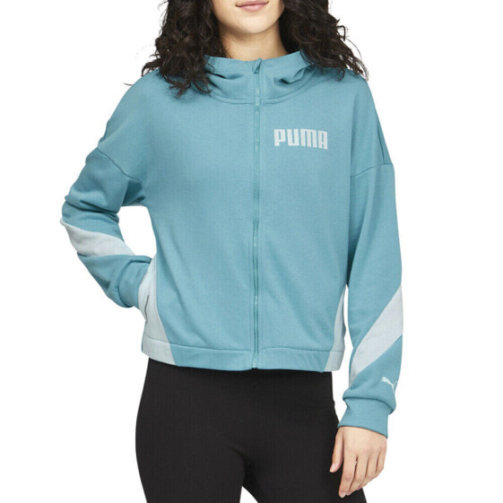 Puma Train Logo Full Zip Long Sleeve Hoodie Womens Blue Casual Outerwear 670461-