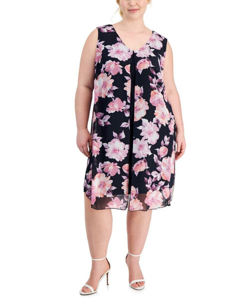 Plus Size Sleeveless Printed Overlay Dress