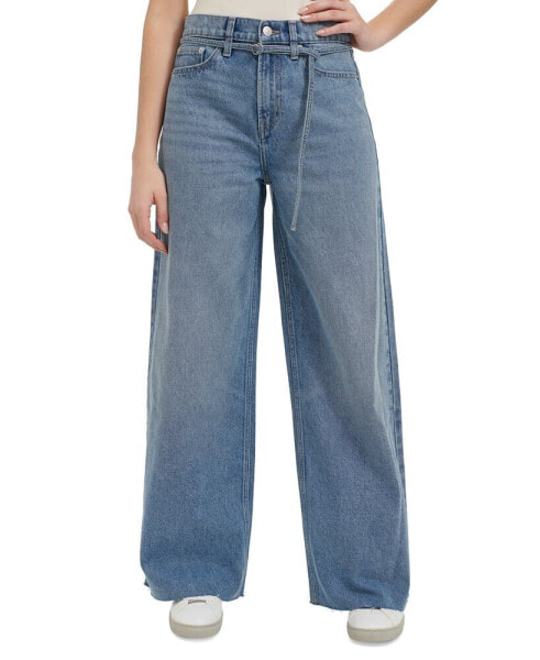 Women's Cut-Hem High-Rise Wide-Leg Belted Cotton Denim Jeans