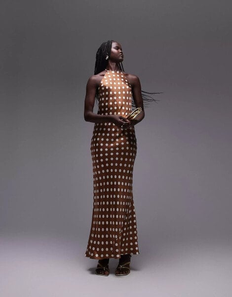 Topshop polka dot halter neck maxi dress in brown