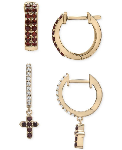 2-Pc. Set Garnet (1/2 ct. t.w.) & Lab-grown White Sapphire (1/4 ct. t.w.) Hoop & Cross Dangle Hoop Earrings set in 14k Gold-Plated Sterling Silver