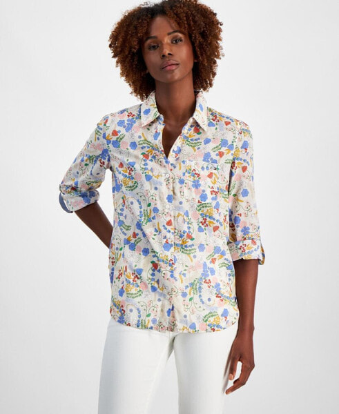 Women's Cotton Floral-Print Roll-Tab Shirt