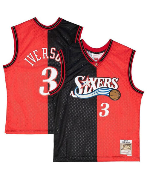 Men's Allen Iverson Black, Red Philadelphia 76ers Hardwood Classics 2000-01 Split Swingman Jersey