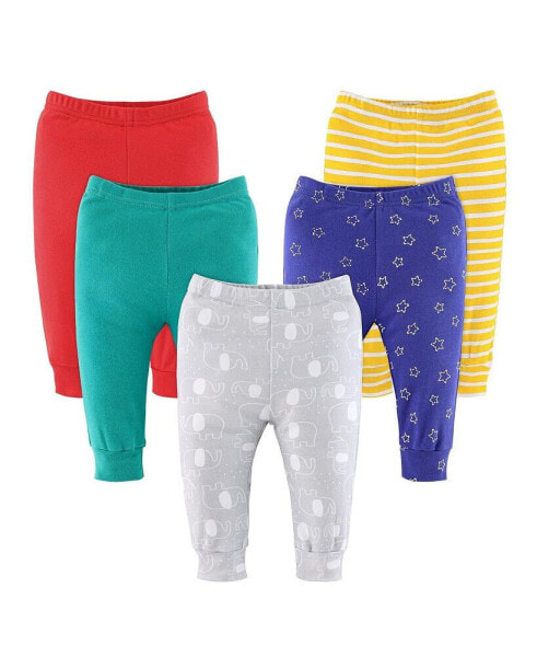 Baby Boy or Girl Pants, 5-Pack, Elephant Brights