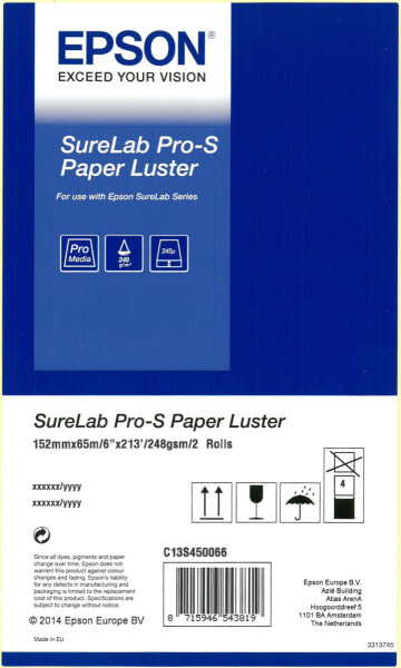 Epson SureLab Pro-S Paper Luster BP 6x65 2 rolls - Lustre - 248 g/m² - White - Polyester - 243 µm - SureLab SL-D800 OC-LE SureLab SL-D800 Media Bundle SureLab SL-D800 ML SureLab SL-D800 SureLab D700...