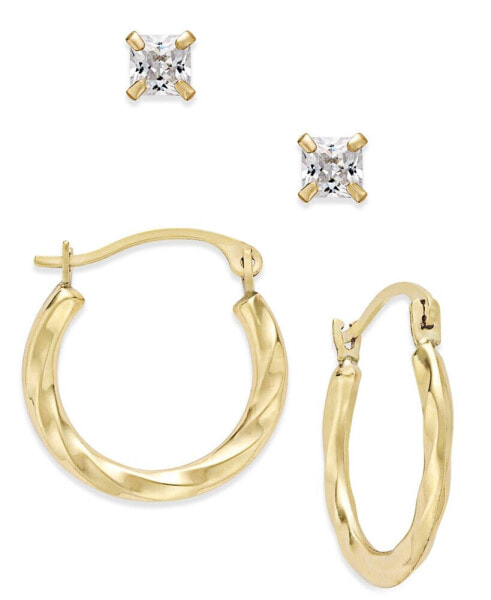 2-Pc. Set Cubic Zirconia Studs and Twisted Hoop Earrings in 10k Gold