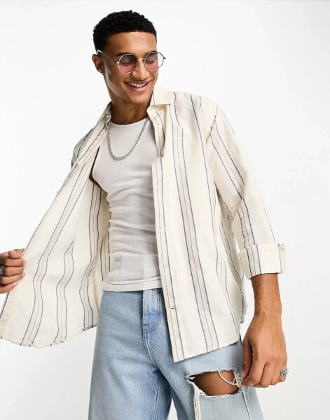 Pull&Bear linen long sleeve striped shirt in sand