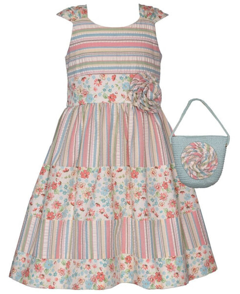 Little Girls Sleeveless Seersucker and Cotton Print Dress and Matching Bag